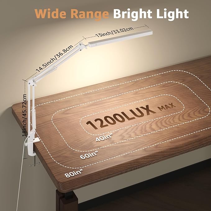 Upgrade Swing Arm LED Desk Lamp with Clamp, 80 LED Beads, 5 Color Modes & 11 Brightness Levels, 360° Adjustable Arm, Eye-Caring Light CRI95, Timer & Memory Function, for Office, Study, Crafting