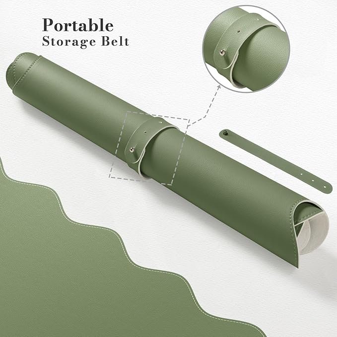 iCasso Leather Mouse Pad,Extra Large Desk Pad with Stitched Edges,Cute Scalloped Computer Mat for Desktop,Non-Slip Nail Mats Green,Waterproof Desk Protector for Office Home School