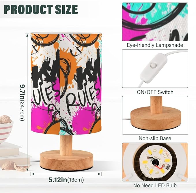 Colorful Graffiti LED Table Lamp, Bedside Lamp with Linen Lampshade, Flicker-Free Eye Care USB Plug in Nightstand Lamp, for Bedroom and Office