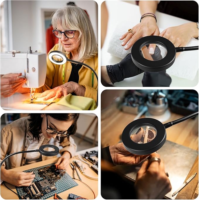 Clip on Lamp, 5X Magnifying Glass with Light LED Desk Lamp with Clamp Bright Clip Light for Bed Bedside Table, Adjustable Reading Light for Bed, Desk Lights (Black with Magnifying)