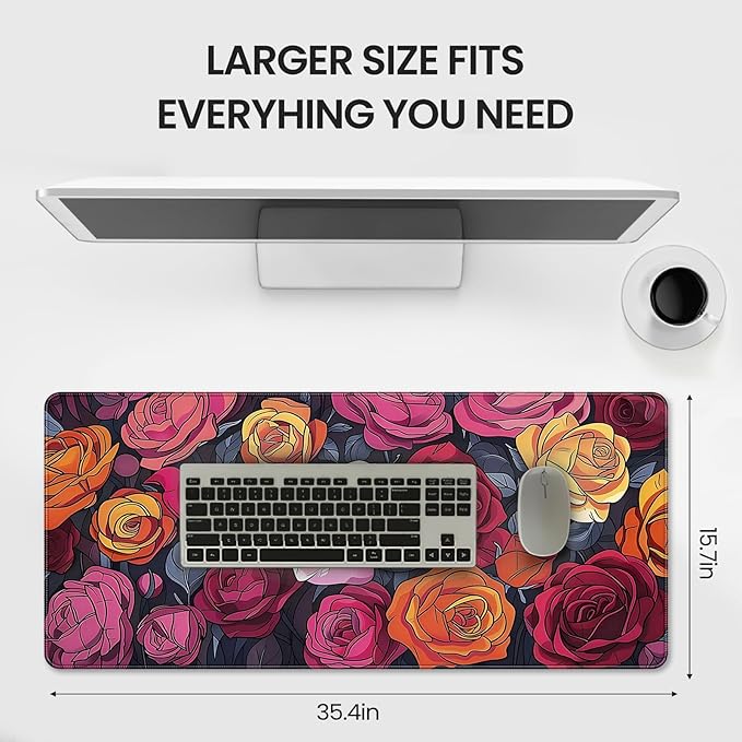 XXL Gaming Mouse Pad, Vintage Roses Floral Design, 35.4 x 15.7 Inches, Non-Slip Rubber Base, Microfiber Cloth, Extended Rectangular Desk Mat