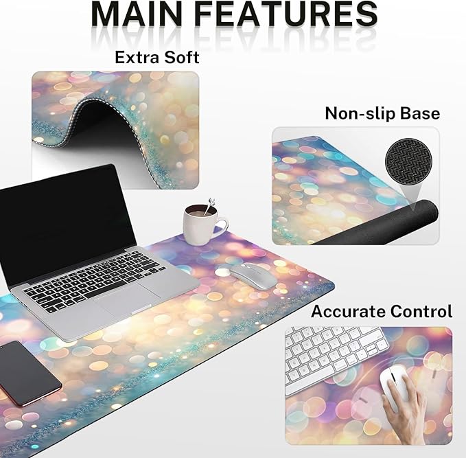 Britimes Abstract Pink and Blue Glitter Keyboard Mouse Pad Set 4in1 Large Mousepad+Keyboard Wrist Rest+Mouse Wrist Rest+Coaster Set with Ergonomic Design for Home Office Computer 35.4x15.7 inches