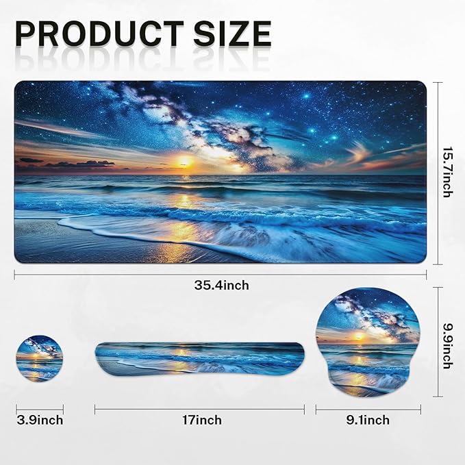 Britimes Blue Sea and Starry Sky Keyboard Mouse Pad Set 4in1 Large Mousepad+Keyboard Wrist Rest+Mouse Wrist Rest+Coaster Set with Ergonomic Design for Home Office Computer 35.4x15.7 inches