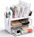 White Acrylic Desk Organizer with Drawer & File Holder, Stackable Modular Storage System, Multi-Layer Desktop Organizer, Space Saving Desk Organizer for Home Office & Study