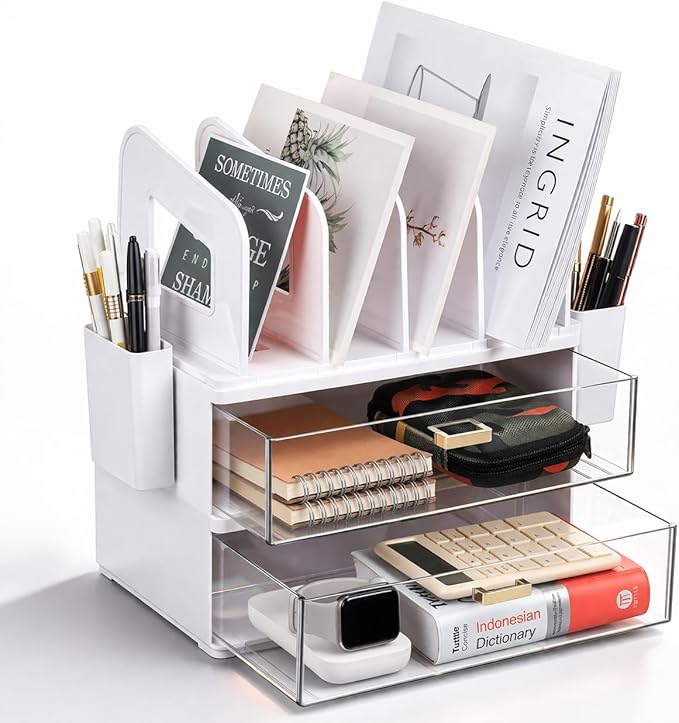 White Acrylic Desk Organizer with Drawer & File Holder, Stackable Modular Storage System, Multi-Layer Desktop Organizer, Space Saving Desk Organizer for Home Office & Study