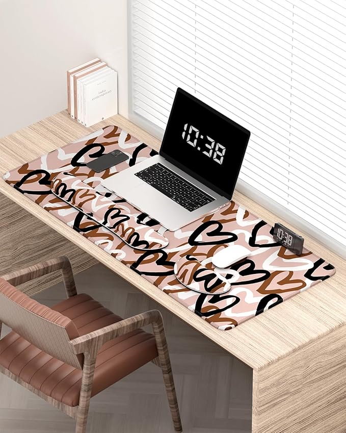 Auhoahsil Large Mouse Pad with Wrist Rests for Keyboard & Mouse, Thick Soft Ergonomic Memory Foam Wrist Supports, Big & Long Desk Mat 35.5 x 15.7 in, for Office Gaming Computer, Brown Heart