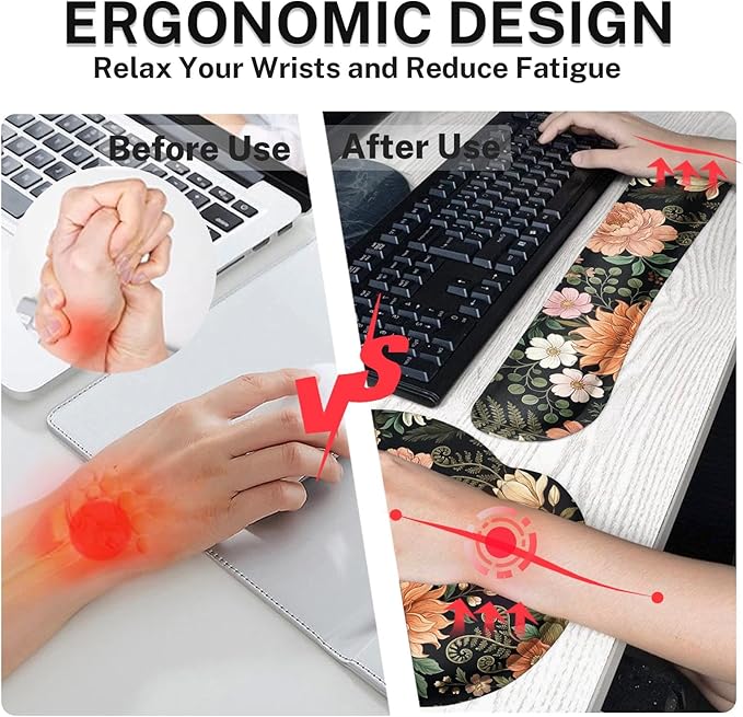 Britimes Spring Flower Leaves Floral Colorful Ergonomic Mouse Pad Set with Wrist Rest Non-Slip Rubber Base Wrist Cushion Support and Coasters Mousepad with Wrist Support for Computer Keyboard and Desk