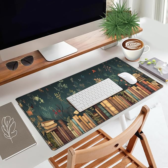 Cottagecore Blooming Floral Library Desk Mat- Book Lover's Garden Study Large Mouse Pad-Butterflies & Antique Books Writing Mousepad Desktop for Gaming Office Decor 31.5" x 15.7"