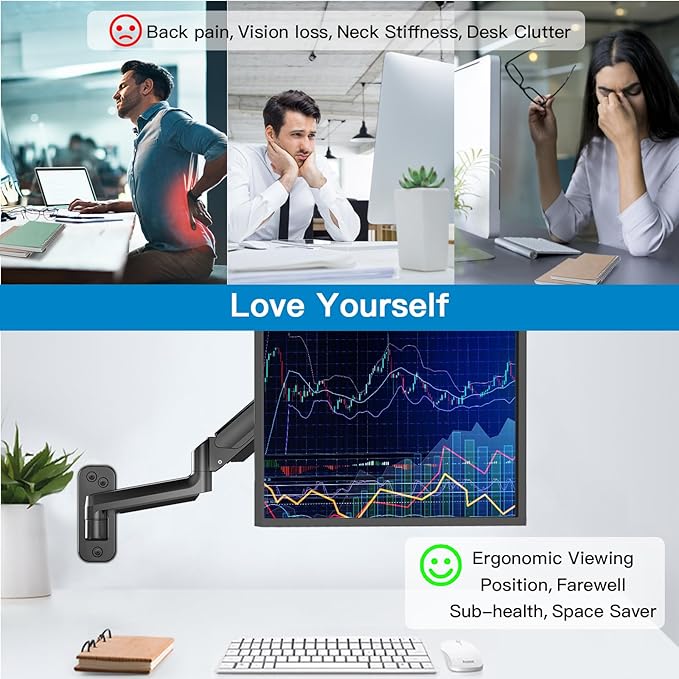 HUANUO Single Monitor Wall Mount for 13 to 32 Inch Computer Screen, Gaming Monitor Wall Mount Arm Holds up to 17.6lbs, Height Adjustable Full Motion Wall Monitor Mount-VESA Mount 75x75,100x100