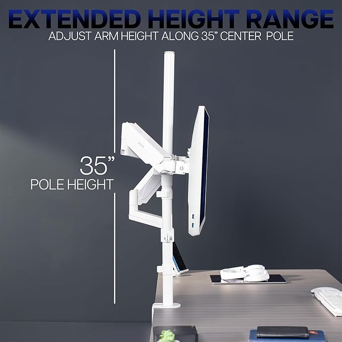 VIVO Dual Monitor Arm Extra Tall Mount for Screens up to 32 inches, Mechanical Height Adjustment, Full Articulating Heavy Duty VESA Stand with Desk C-clamp and Grommet, White, STAND-V012KW