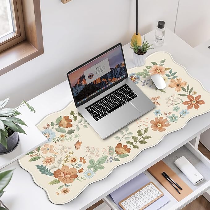 iCasso Desk Mat, Scalloped Desk Matt for Desktop, Cute XXL Large Mouse Pad, Anti-Slip Big Mousepad with Stitched Edges, Keyboard Pad Mouse Mat for Computer(Beige)