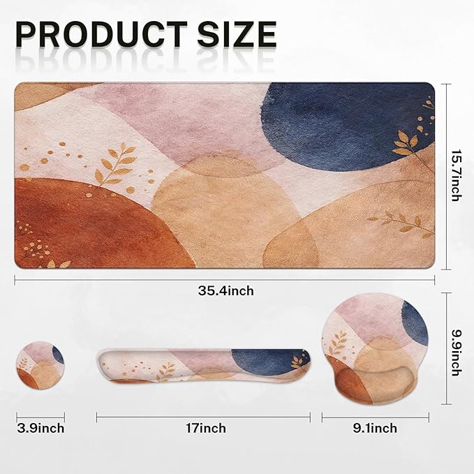 Britimes Abstract Boho Keyboard Mouse Pad Set 4in1 Large Mousepad+Keyboard Wrist Rest+Mouse Wrist Rest+Coaster Set with Ergonomic Design for Home Office Computer 35.4x15.7 inches