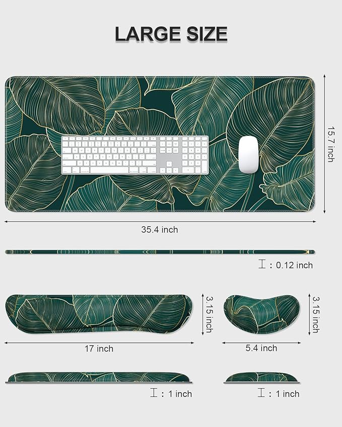 Auhoahsil Large Mouse Pad with Wrist Rests for Keyboard & Mouse, Thick Soft Ergonomic Memory Foam Wrist Supports, Big & Long Desk Mat 35.5 x 15.7 in, for Office Gaming Computer, Tropical Leaf