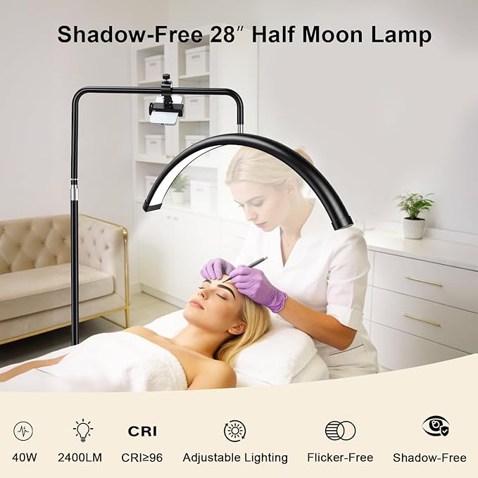 Half Moon Lash Light with Phone Holder, 28" LED Esthetician Floor Lamp for Eyelash Extensions, Dimmable Professional Beauty Light for Lash Artists, Tattoo, Nail Art, Facial, Skincare & PMU Salon