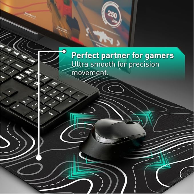 Minimalist Topographic Map Mouse Pad - Contour Extended Large Stitch Edge Mousepad. Black & White Non-Slip XXL Gaming Desk Mat