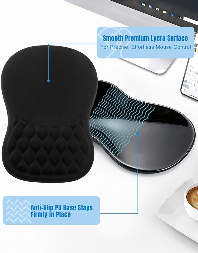 Ergonomic Mouse Pad with Wrist Rest, Slope Design Memory Foam Support, Smooth Lycra Surface, Non-Slip PU Base, Comfortable Mouse Mat for Office, Home, Computer Desk (Black)