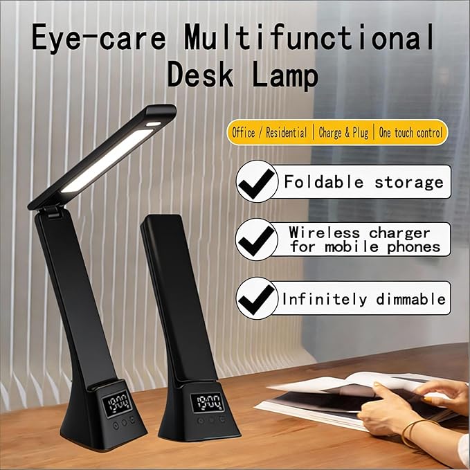 IHAO 3in1 Foldable Eye-Care Desk Lamp with 15W Wireless Charger & Digital Clock Touch Control, 3 Color Temperatures, Alarm, 180° Foldable, Phone Stand, Modern LED Table Lamp TYV-2088 Black