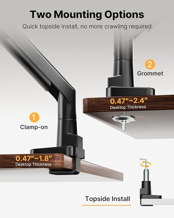 monTEK Sleek Aluminum Monitor Arm for 17–57” Ultrawide Screens up to 59.4 lbs, Heavy Duty Single Monitor Arm Desk Mount, Pneumatic Lift, Quick-Release Plate, Clamp/Grommet, Max VESA 100x100