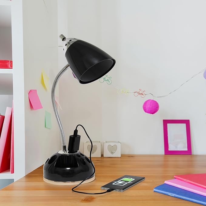 Simple Designs LD1015-BLK-LB 19.5" Flossy Organizer Desk Lamp with Charging Outlet Lazy Susan Base and LEB Bulb, Black