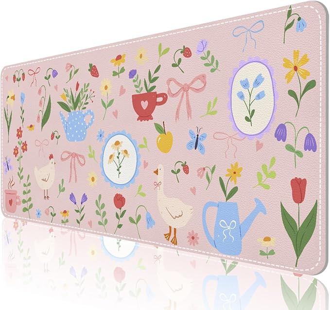 Desk Mat, Leather Desk Pad Blotter Protector, XXL Large Mouse Pad,Computer Laptop Mouse Pads for Desktop,Waterproof Writing Anti-Slip Mousepad for Office and Home I Pink Animals & Flowers