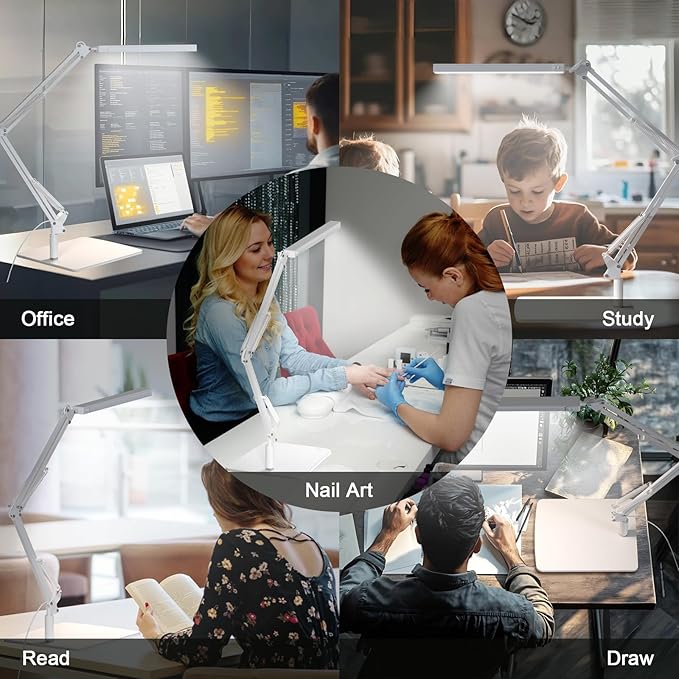 Swing Arm Desk Lamp with Base, 80 LED Beads, 5 Color Modes & 11 Brightness Levels, 360° Adjustable Arm, Eye-Caring Light CRI95, Timer & Memory Function, for Office, Study, Crafting