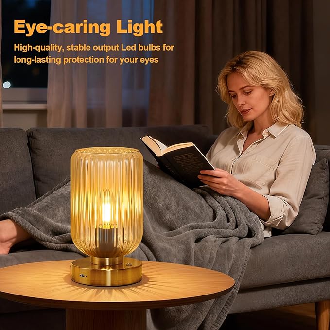 Table Lamp for Bedroom, Cordless Small Bedside Lamp, Touch Dimmable Rechargeable Lamp Battery Operated with Amber Glass Shades for Night Stands, Living Room, Desk, Bulb Included