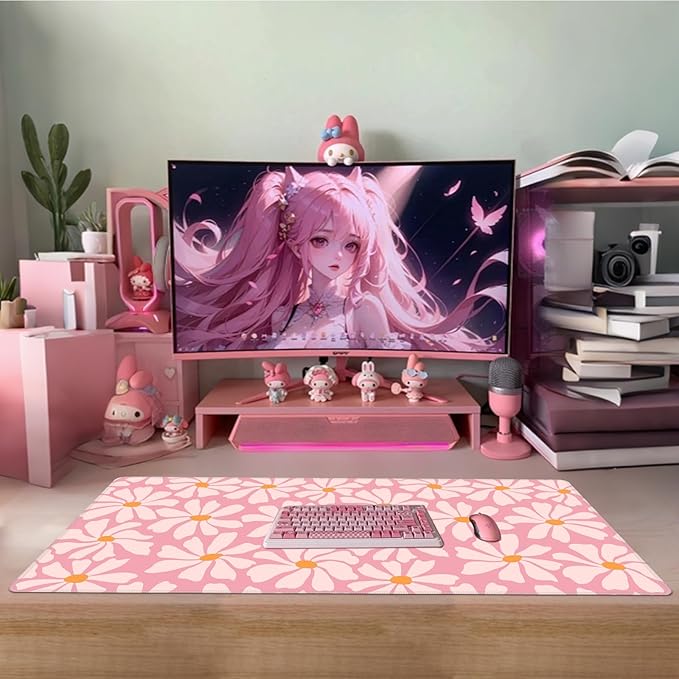 Baziabbo Pink Desk Mat,XXL Extended Large Mouse Pad,Gaming Mousepad with Stitched Edge,Non-Slip Rubber Base Keyboard Desk Pad for Home Office Study Game (Pink Flowers)