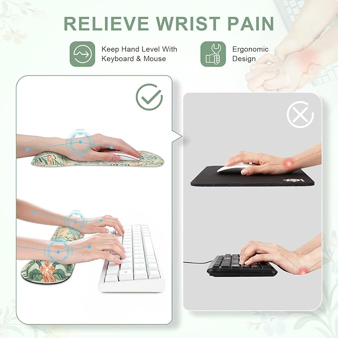 iCasso Ergonomic Mouse Pad, Keyboard Wrist Rest, Memory Foam Mousepad with Wrist Support, Easy Typing and Relieve Wrist Pain Keyboard Pad for Computer(Green Floral)