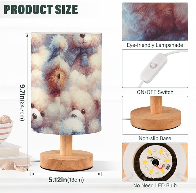 Bear LED Table Lamp, Bedside Lamp with Linen Lampshade, Flicker-Free Eye Care USB Plug in Nightstand Lamp, for Bedroom and Office