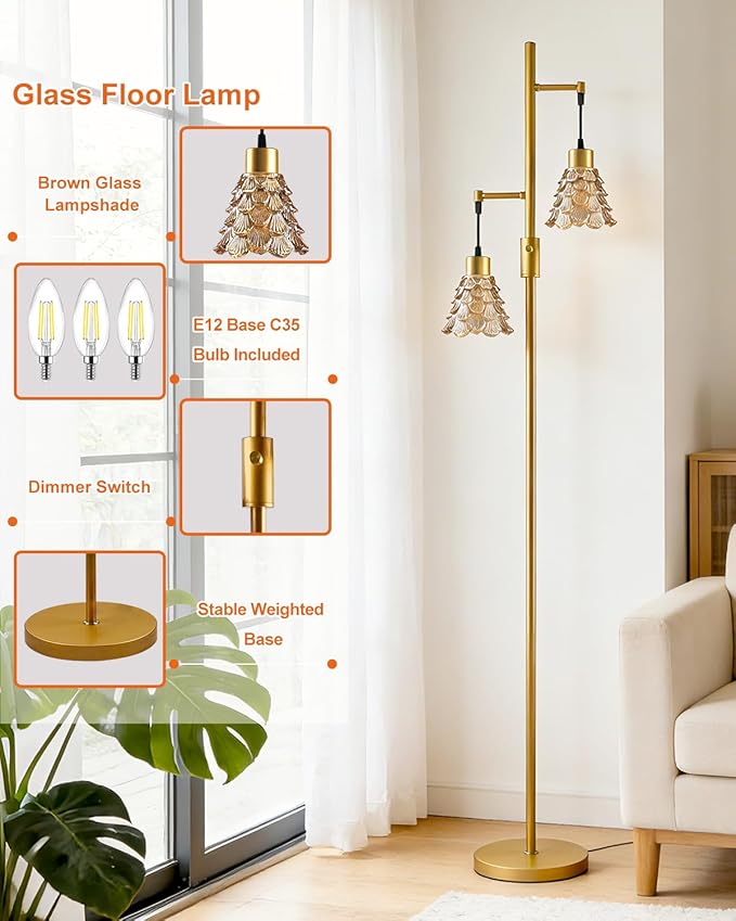 2-Light Modern Glass Floor Lamp, Gold Standing Lamp with Amber Shell Glass Shade, Dimmable LED Floor Lamp with Rotary Switch for Living Room Bedroom, Bulb Included