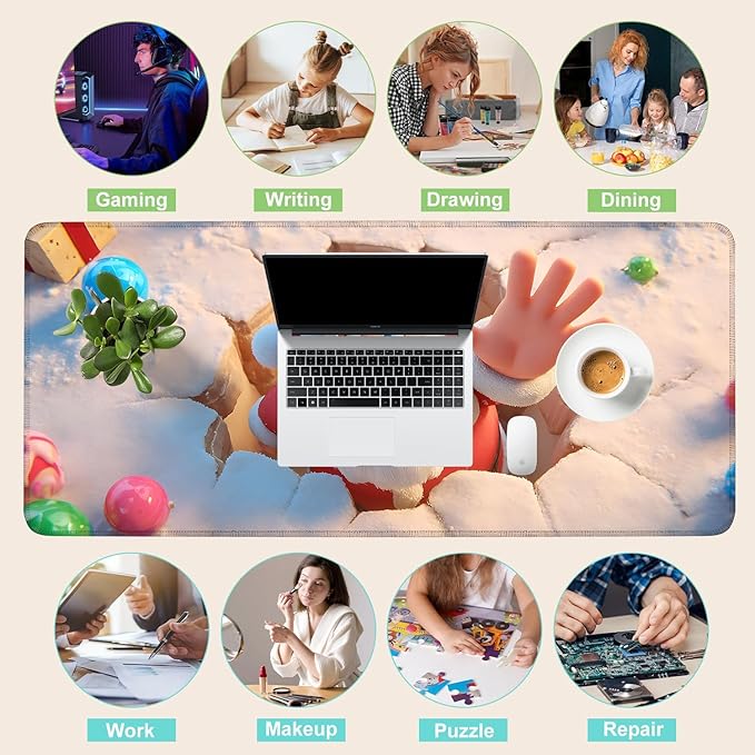 Desk Mat, XXL Extended Gaming Pad for Desktop, 35x16 Inches Santa Breaking Through Wall, Large Non-Slip Vegan Leather Surface with Stitched Edges, Keyboard Mouse Mat for Home Office