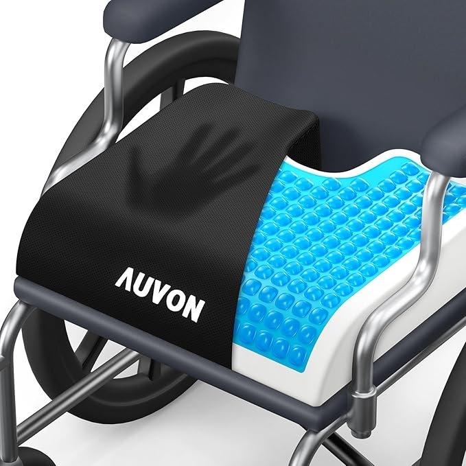AUVON Gel Wheelchair Seat Cushion, Ergonomic Coccyx & Lumbar Support, Refreshing Ergonomic Chair Cushion with Waterproof Silk Fabric, Anti-Slip Cover