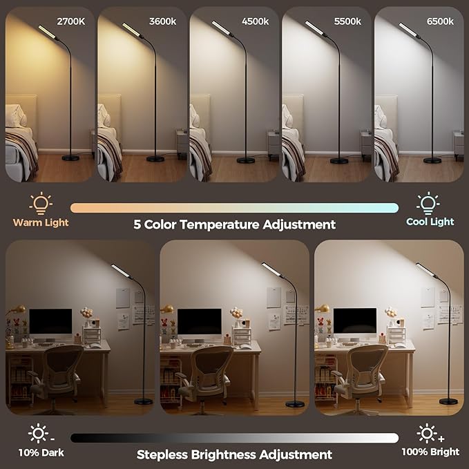 LED Floor Lamp for Living Room, Bright Reading Lamps for Office, Adjustable Colors Temperatures&Brightness, Dual Head Goose-Neck Standing Lamp, Remote and Button Control, Eye Caring Tall Lamp, Black