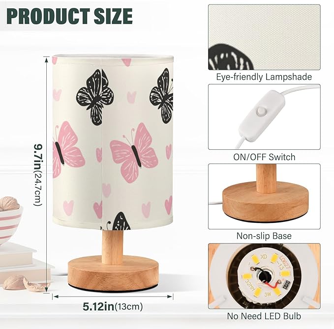 Pink Butterfly LED Table Lamp, Bedside Lamp with Linen Lampshade, Flicker-Free Eye Care USB Plug in Nightstand Lamp, for Bedroom and Office