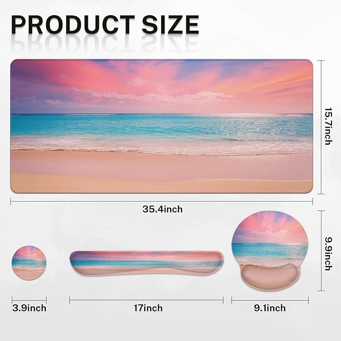 Arttown Pink Blue Sky Desk Mat Turquoise Ocean Mouse Pad Set 4 in 1 Dusk Beach Ergonomic Design Large Desk Pad + Keyboard Wrist Rest + Mouse Wrist Rest + Coaster Suitable for Home Office Study Game
