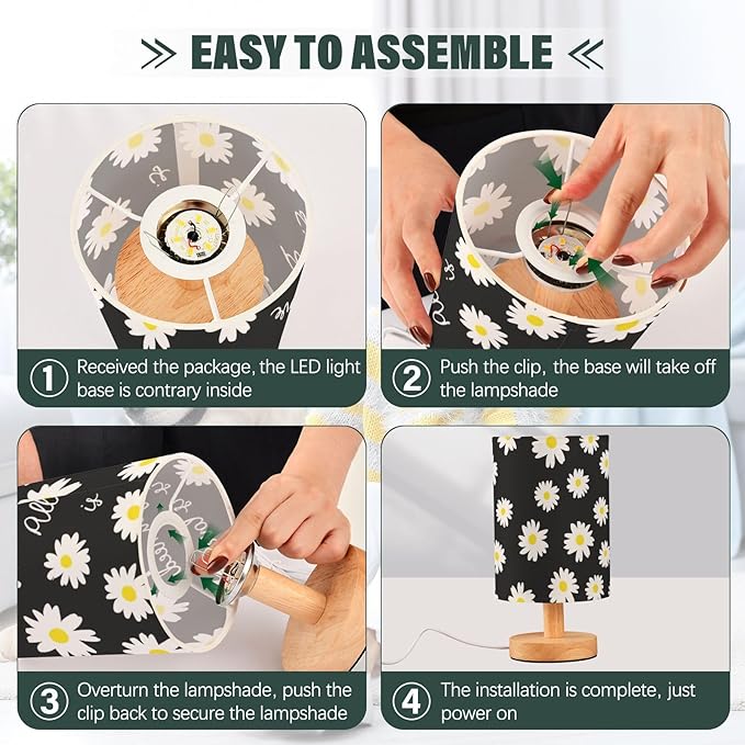 Black Daisy LED Table Lamp, Bedside Lamp with Linen Lampshade, Flicker-Free Eye Care USB Plug in Nightstand Lamp, for Bedroom and Office