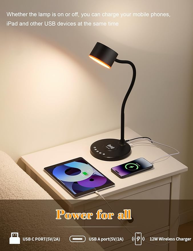 LED Desk Lamp with Wireless Charger, USB C + A Charging Ports, Eye-Caring Metal Bedside Lamp, 5 Colors Stepless Dimmable Reading Lamp, Touch Table Lamp Gooseneck Lamp for Home Office Dorm Black