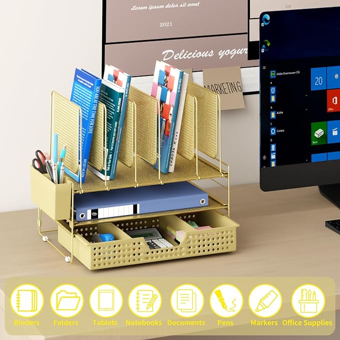 Gold Desk Organizer, Office Organization with Vertical File Holder, File Organizer with Drawer and Pen Holder, Desk Accessories and Workspace Organizers for Home Office (Gold)