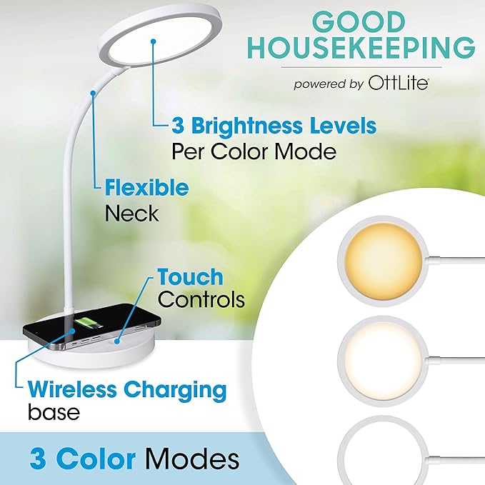 OttLite Good Housekeeping Circular LED Desk Lamp with Wireless Charging - Adjustable Neck Desk Lamp for College Dorm Room, Crafting, Reading, 3 Color Modes, Eye-Friendly Lighting