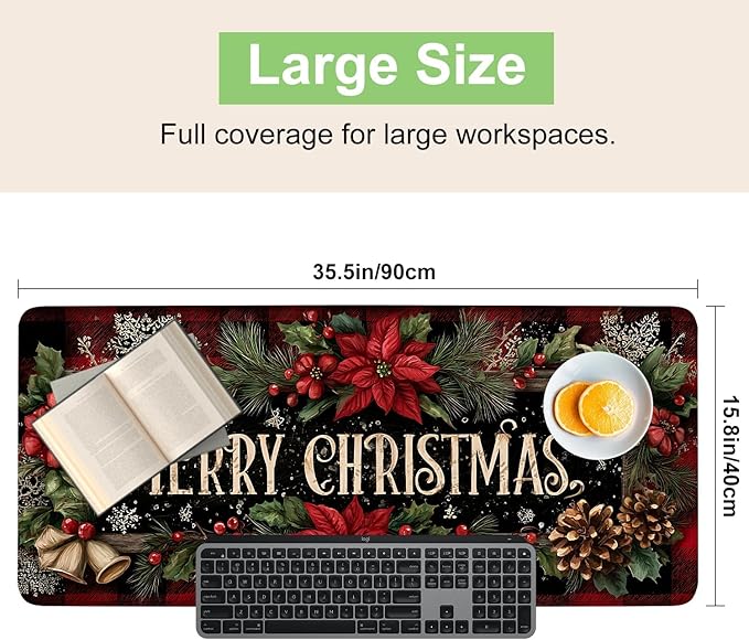 Desk Mat, XXL Extended Gaming Pad for Desktop, 35x16 Inches Floral with Flowers, Large Non-Slip Vegan Leather Surface with Stitched Edges, Keyboard Mouse Mat for Home Office