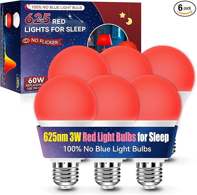 Neporal 3W 625nm Red Light Bulbs for Sleep, 100% Blue Light Blocking Bulb, Red Light Night Light for Melatonin Promoting, A19 40W Equivalent Dim Light Bulbs for Bedroom, Baby Nursery,6 Pack