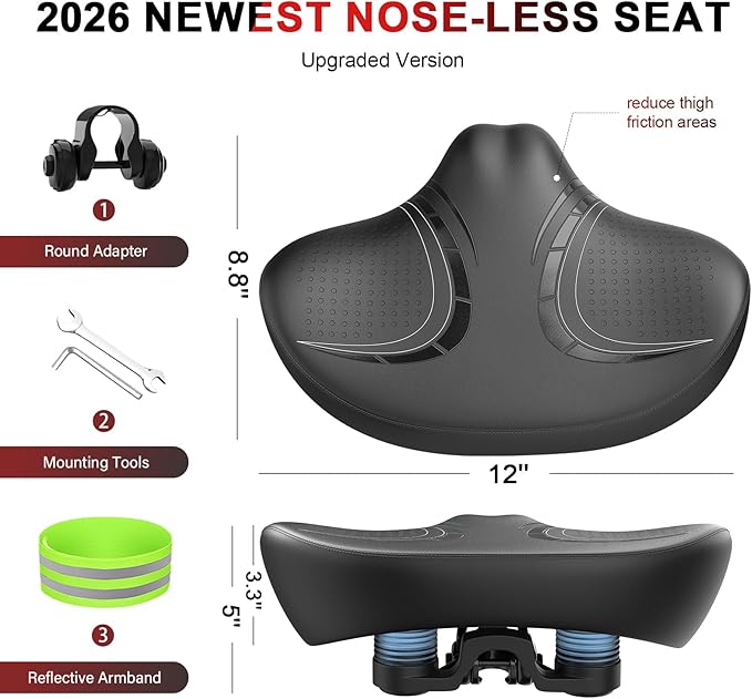 BLUEWIND New Noseless Oversized Bike Seat, Wide Bicycle Saddle Novel Backrest Design for Electric Bike, Universal Fit Exercise Bike or Road Stationary Bike Seat Cushion for Men & Women