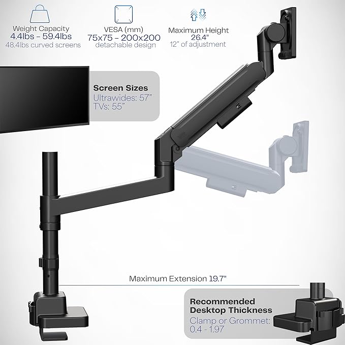 VIVO Heavy Duty Ultrawide Monitor Arm with Pole, 57 inch Screens up to 59.4 lbs, Desk Mount TV and Monitor Stand Designed for Samsung Odyssey Ark, Neo G9, ViewFinity S9, and More, Black, STAND-GT57T