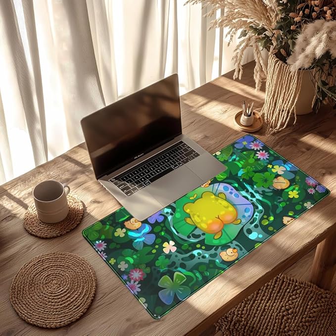 Cute Frog Desk Decor Mouse Pad Funny Desk Mat Frog Decor Desk Pad, Kawaii Green Desk Mat for Keyboard and Mouse, Gaming Mouse Pad for Computer Keyboard Laptop with Stitched Eges Pad 31.5"X15.7"