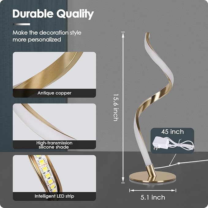 Yarra-Decor Modern Spiral Bedside Lamp - 3 Colors Touch Control LED Table Lamp, Stepless Dimmable Nightstand Lamps for Bedroom Living Room & Office, Gold(3000K 4000K 5000K)