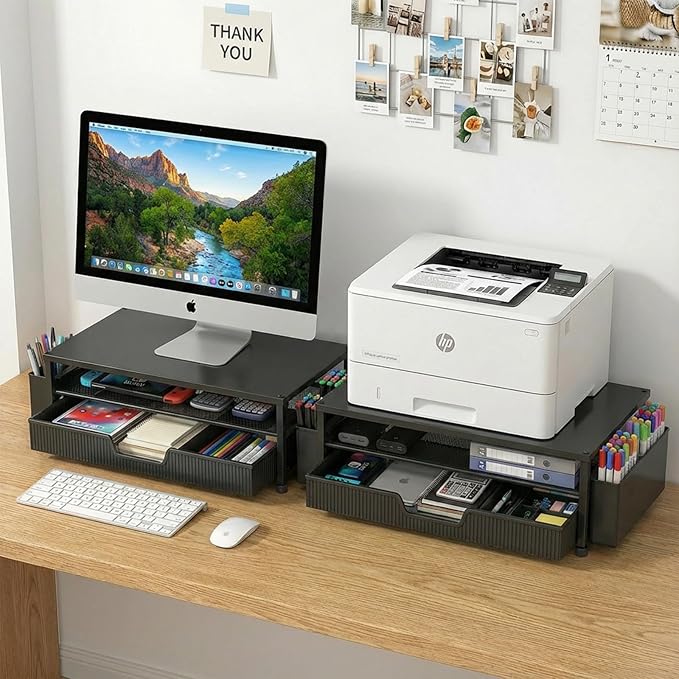 Desk Organizer and Accessories, 2-Tier Computer Monitor Stand Rise with Storage Drawer & 2 Pen Holders, Laptop & Printer Stand for Desktop, Workspace Organizers for Office Supplies (Black 2-Pack))