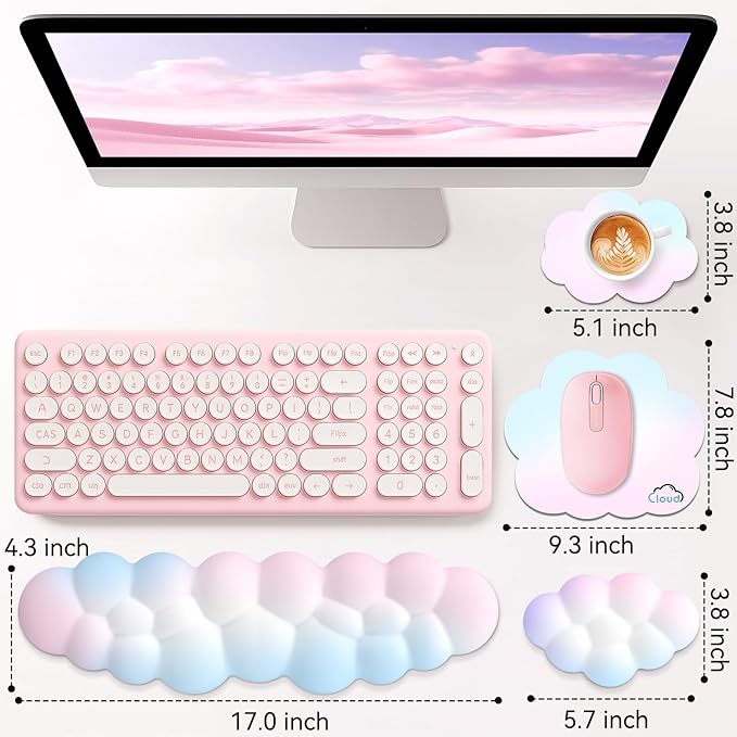 Cloud Wrist Rest for Computer Keyboard, 4-in-1 Memory Foam Leather Cloud Keyboard Wrist Rest and Mouse Pad Set with Ergonomic Support for Arm and Palm Cushion, Gaming/Work Setup, Rainbow