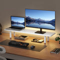 Dual Monitor Stand for Desk, Adjustable Height Wood Computer Riser, Ergonomic Monitor Shelf for Laptop, Printer, TV, Black - Large Storage Space, Sturdy Desk Organizer for Home & Office,White
