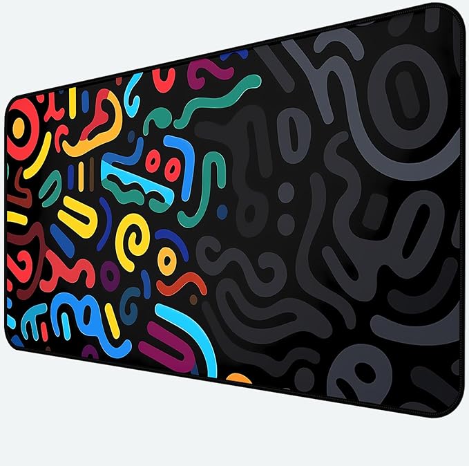 Colorful Line Desk Pad, Abstract Art Mouse Pad Mat XXL, Black Large Office Desk Keyboard Pad, with Non Slip Rubber Base and Stitched Edges Mouse Pad, Game Player's Desktop Decor 31.5"X15.7"