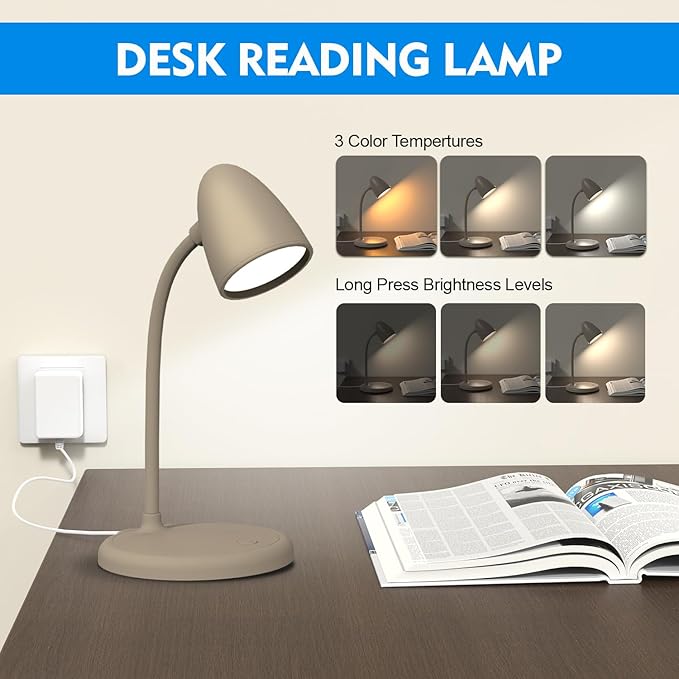 LED Desk Lamp for Home Office,3 Light Colors,Table Lamp,Dimmable Reading Light for Bedside Small Desk Lamp for College Dorm Room,Bedroom Desk Light,Brown